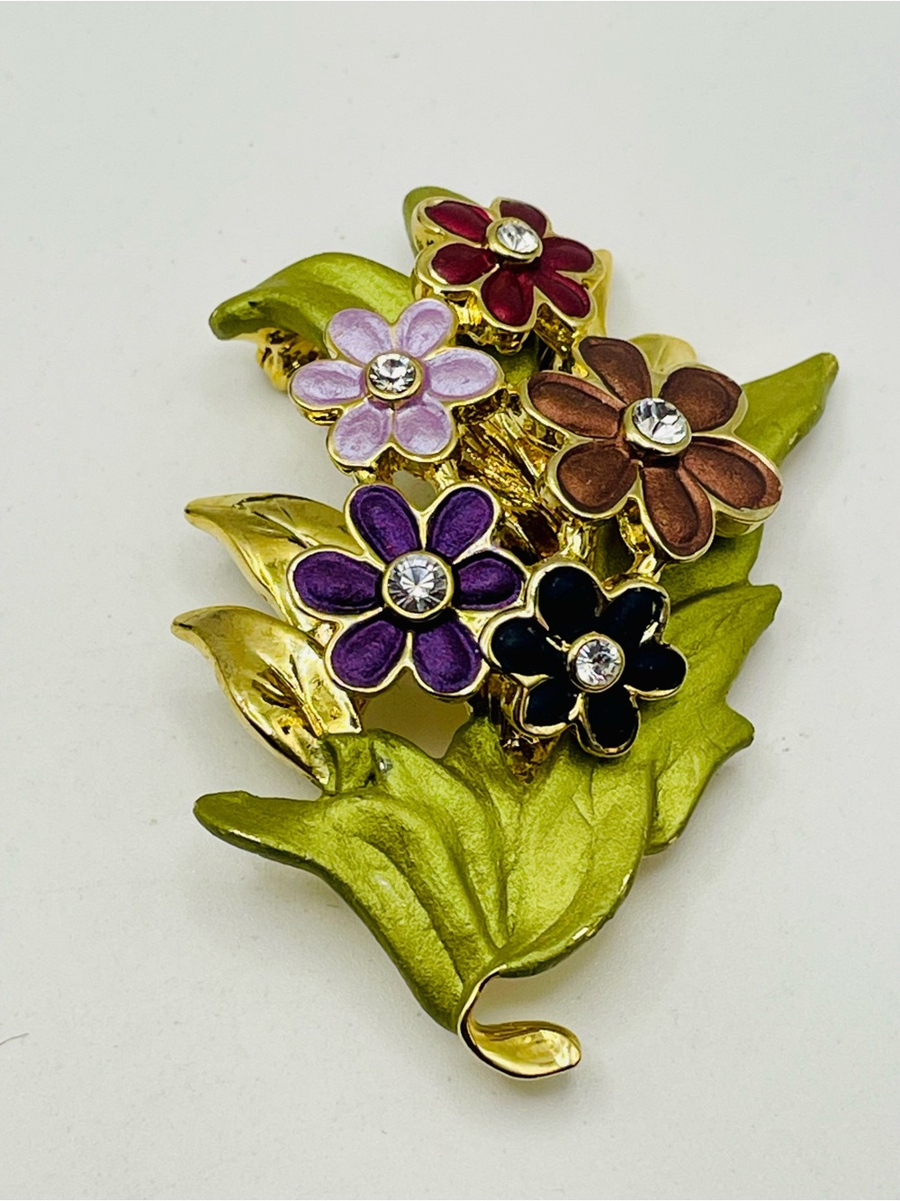 Multi-Color Enamel Floral Leaf Brooch - Gold Tone. Rhinestone centers.